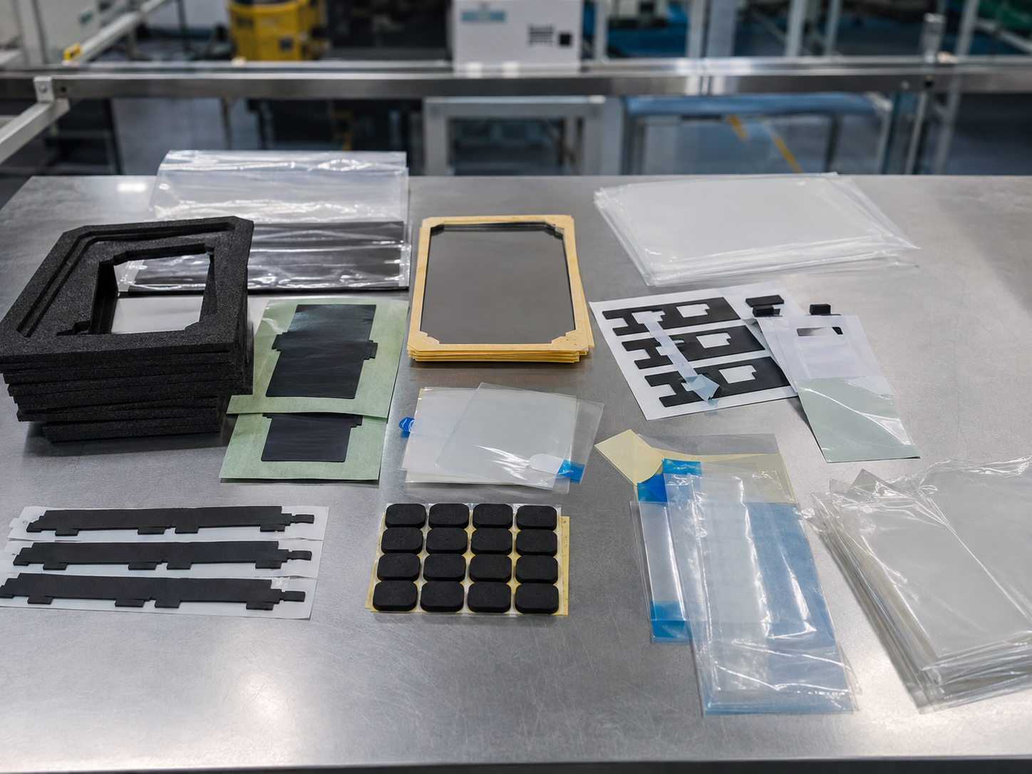 Realistic EV battery die-cut component preparation scene showing foam gasket frames, PET insulation film pieces, adhesive tape frames, protective films with pull tabs, rubber pads, kiss-cut parts on release liners, a few partially peeled components, and clean packaging materials placed naturally on a factory workstation with slight irregular spacing and soft production background depth. Image specification: body image 100–200 KB, width 1600–1920px, no 4K original upload needed, no text, no labels, no logos, no arrows, no icons