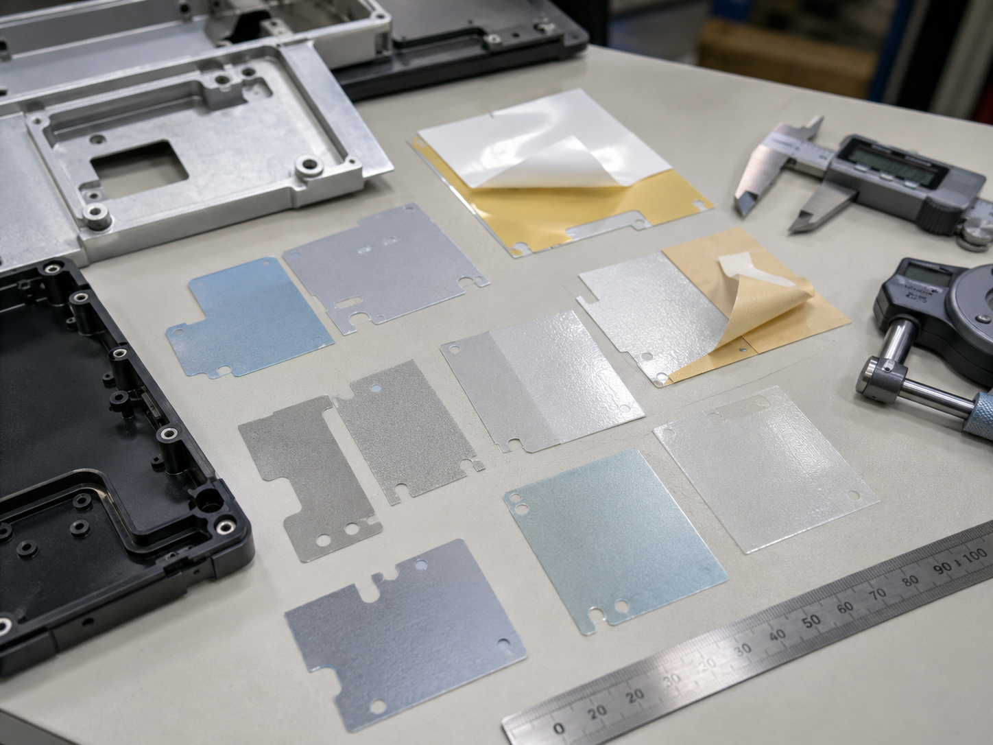 Realistic PET insulation film thickness selection scene showing several die cut PET insulation film pieces in different thicknesses, adhesive-backed PET film samples, electronic enclosure covers, metal housing parts, plastic insulation areas, release liners, and a few inspection tools placed naturally on a clean engineering workbench with slight irregular spacing, soft shadows, and premium industrial B2B style. Image specification: first image 150–250 KB, width 1600–1920px, no 4K original upload needed, no text, no labels, no logos, no arrows, no icons