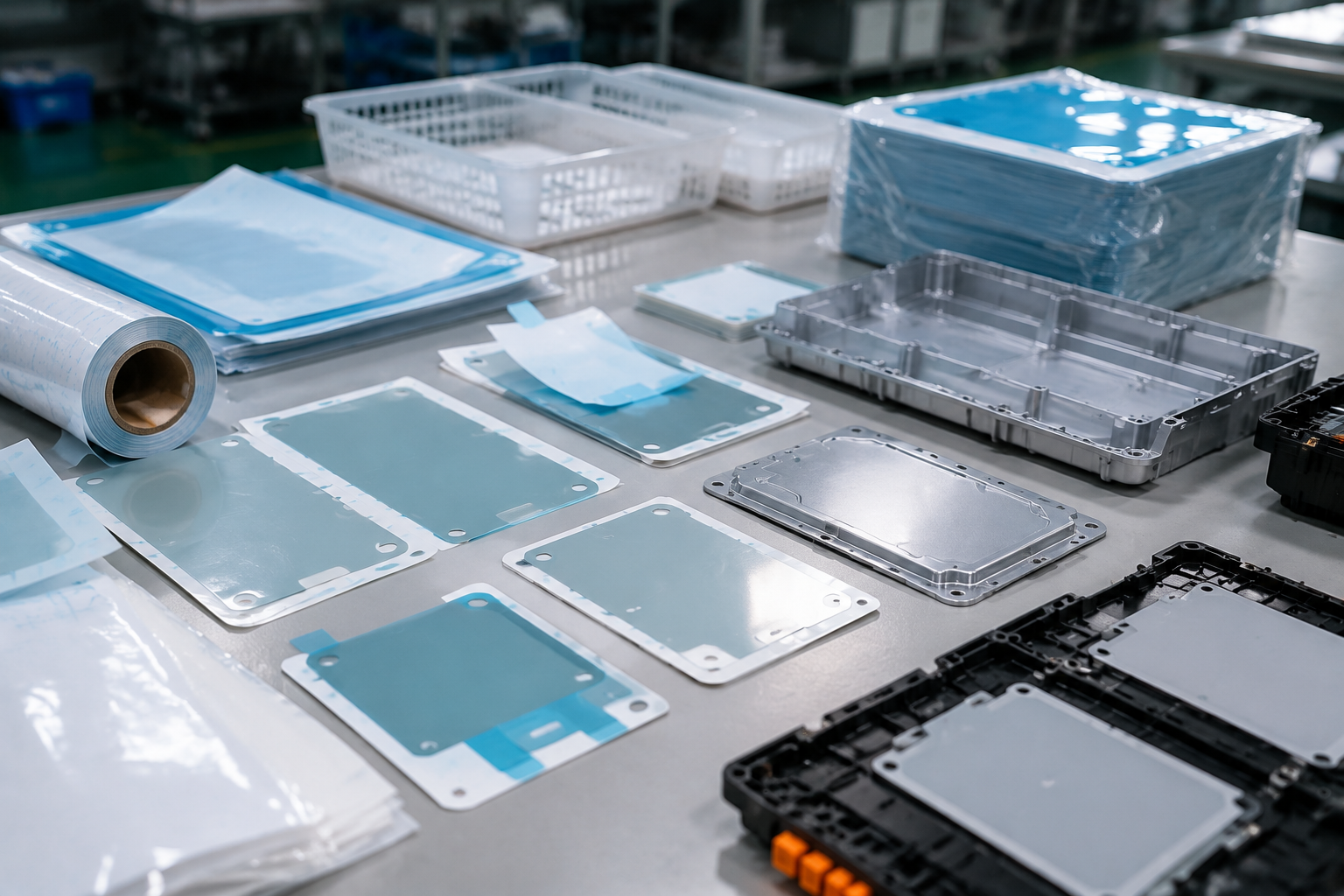 Realistic PET insulation film die cutting and assembly preparation scene showing adhesive-backed PET insulation film parts on release liners, several die cut insulation covers with holes and rounded corners, a few partially peeled pull-tab pieces, electronic enclosure samples, metal cover parts, and clean packaging materials placed naturally on a factory workstation with soft production background depth. Image specification: body image 100–200 KB, width 1600–1920px, no 4K original upload needed, no text, no labels, no logos, no arrows, no icons