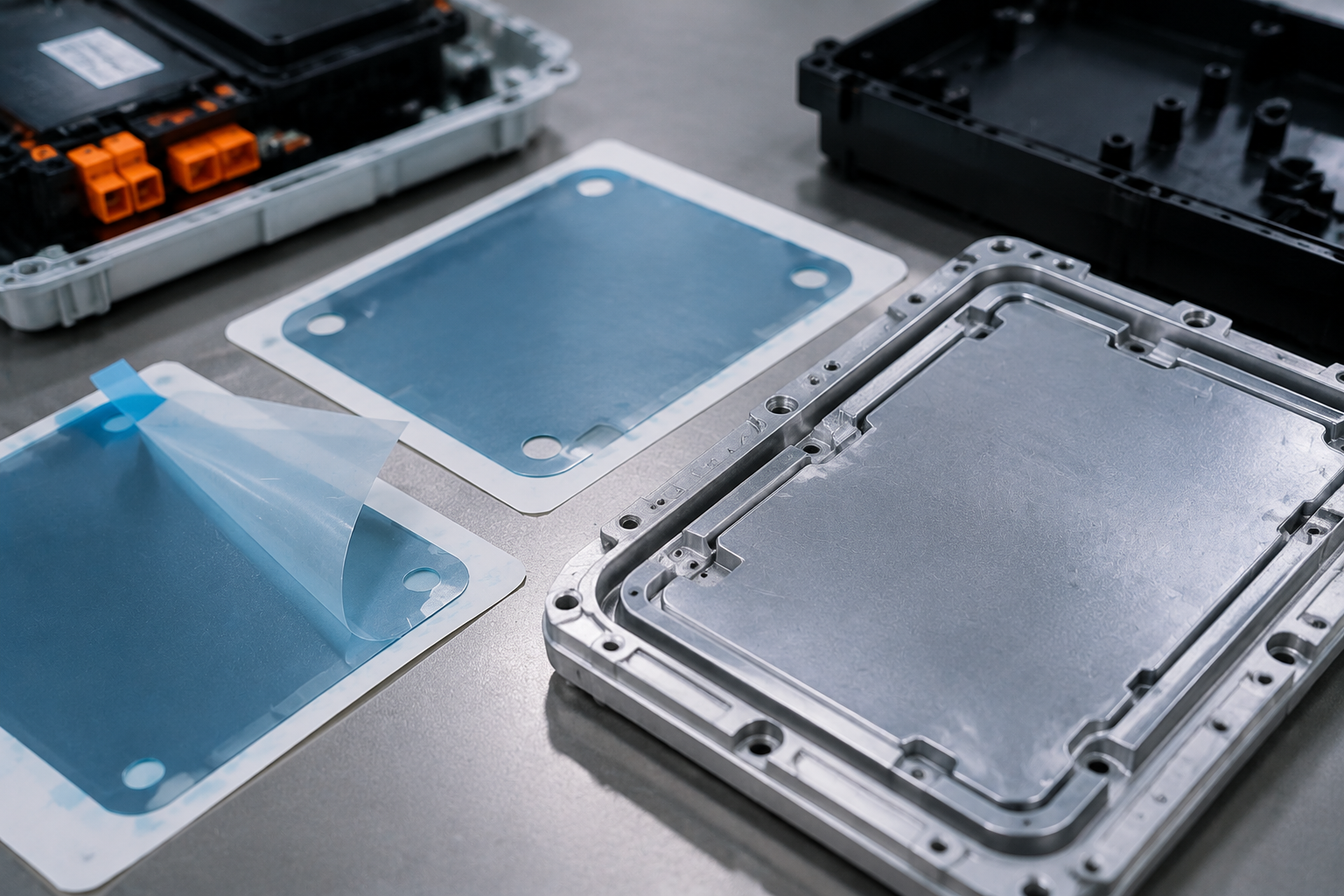 Close-up industrial PET insulation film comparison scene showing thin and medium PET film parts naturally placed beside a metal enclosure cover, a plastic housing sample, and a compact electronic module area. A few adhesive-backed film pieces are partially peeled from release liners, with soft shadows and shallow depth of field. The layout should look like a real engineering review, not a perfectly aligned catalog display. Image specification: body image 100–200 KB, width 1600–1920px, no 4K original upload needed, no text, no labels, no logos, no arrows, no icons