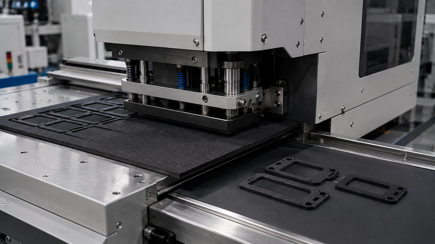 A realistic professional foam converting scene with a flatbed precision die-cutting machine occupying most of the frame and a black industrial foam sheet being processed beneath the cutting section, only a few finished foam frames visible near the material exit, clean cool-gray manufacturing environment, authentic machine details, soft industrial lighting, clear depth of field, no people, text, labels, logos, arrows, excessive samples, calipers or staged showroom presentation, 1600–1920 px wide, 100–200 KB