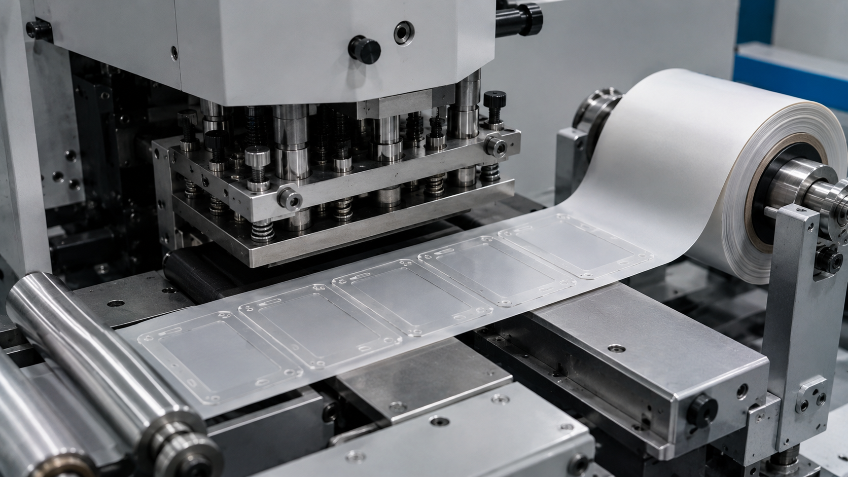 A realistic close industrial view of a precision die-cutting machine processing a customer-specified acrylic foam tape roll, with the machine and liner path occupying most of the image and only a few narrow frame-shaped tape parts visible on the release liner after cutting, clean cool-gray factory environment, authentic machine texture, controlled depth of field and soft industrial lighting, no visible brand marks, people, text, labels, arrows, inspection trays, calipers or excessive finished samples, 1600–1920 px wide, 100–200 KB