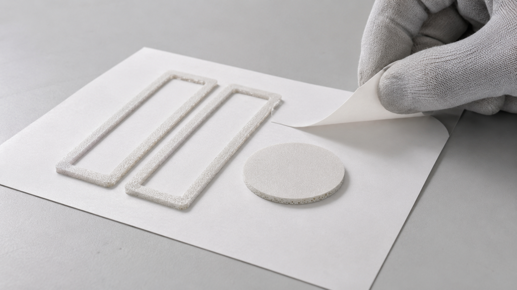 A realistic adhesive component inspection scene showing two narrow acrylic foam tape frames and one circular pad retained on a clean release liner after waste-matrix removal, with one gloved hand gently lifting a liner corner to evaluate peeling while the parts remain supported, minimal light gray engineering work surface, natural spacing, clean cut edges, soft diffused lighting and realistic adhesive texture, no branded liner, text, labels, logos, arrows, calipers, trays, excessive tools or large product collection, 1600–1920 px wide, 100–200 KB
