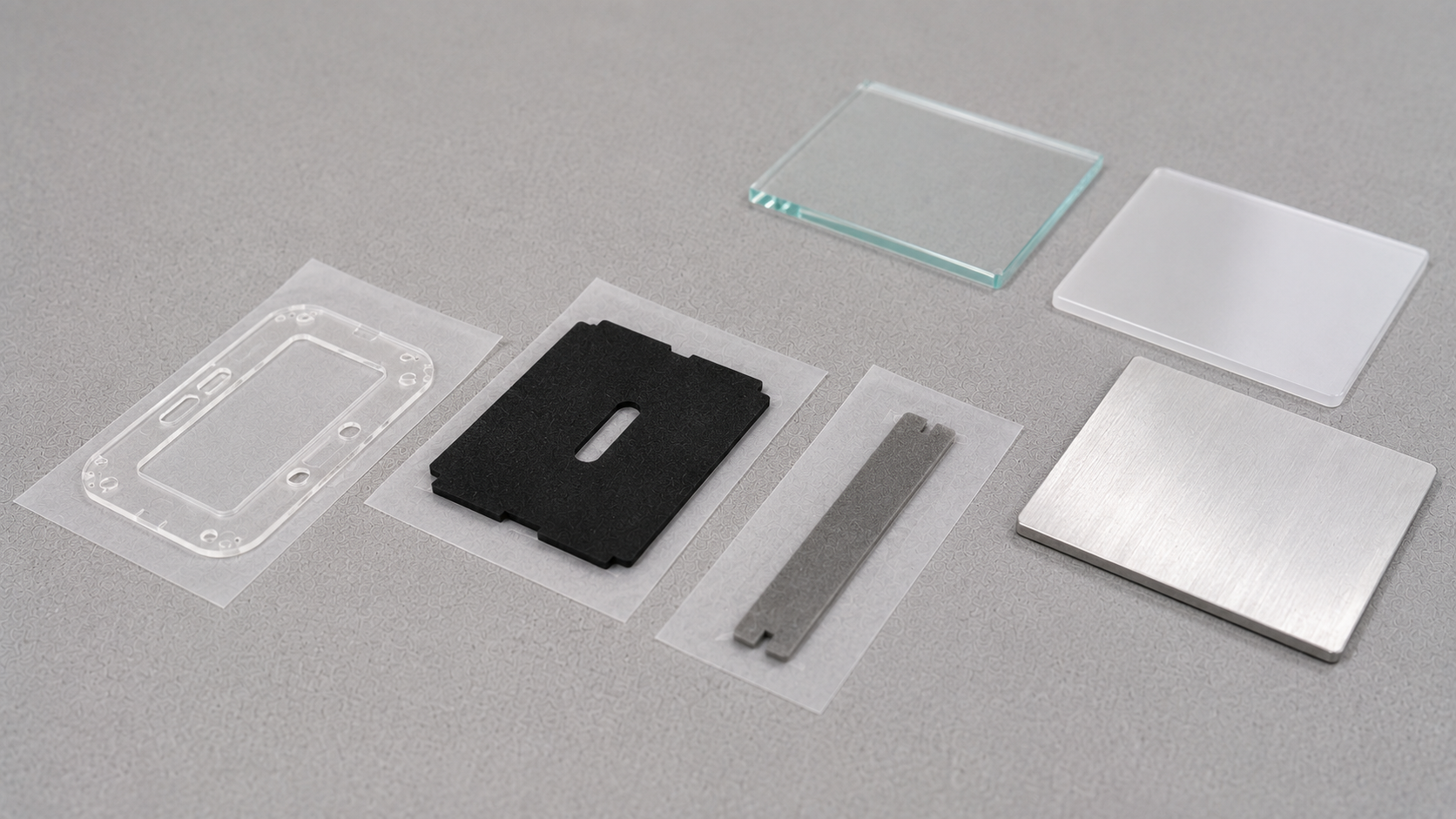 A realistic industrial adhesive tape selection scene showing only three custom die-cut acrylic foam tape components, including one clear frame, one black pad and one gray narrow strip retained on separate release liners, placed naturally beside small unbranded glass, plastic and coated metal substrate samples on a clean light gray engineering work surface, subtle material texture, soft diffused lighting and generous negative space, no 3M logos, branded tape liners, people, text, labels, arrows, calipers, trays, excessive tools or staged catalog arrangement, 1600–1920 px wide, 100–200 KB