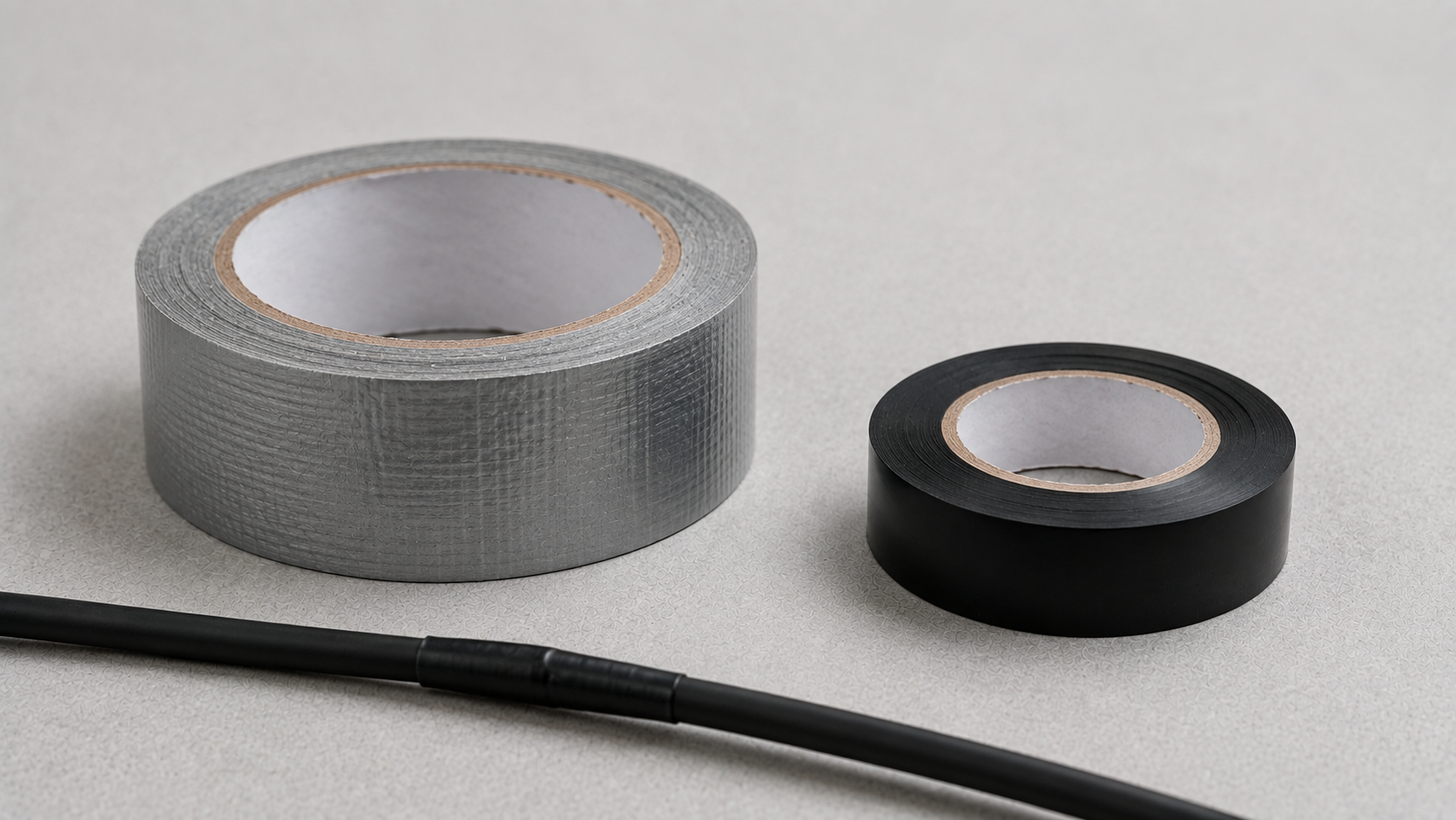 A realistic minimal comparison showing one plain gray cloth-reinforced duct tape roll and one unbranded black vinyl electrical tape roll placed separately on a clean light gray engineering work surface, with a small unpowered cable sample nearby but no exposed conductors, natural spacing, authentic tape textures, soft diffused lighting and generous negative space, no hands, live electrical equipment, sparks, text, labels, logos, arrows, calipers, trays or excessive tools, 1600–1920 px wide, 100–200 KB
