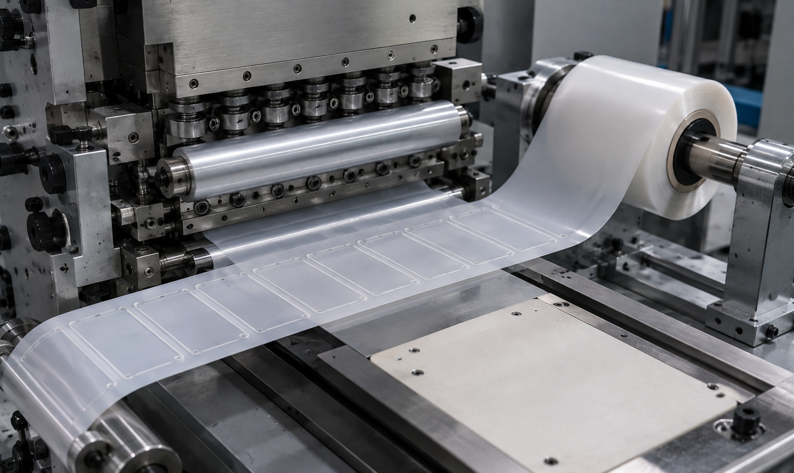 A realistic precision converting scene showing a rotary die-cutting machine processing a roll of thin milky-white PET insulation film, with the machine and controlled film path occupying most of the image and only a few finished rectangular insulation shapes visible on the supporting liner, clean cool-gray manufacturing environment, authentic machine details, soft industrial lighting and clear depth of field, no people, batteries, complete electronic products, text, labels, logos, arrows, trays, calipers or excessive samples, 1600–1920 px wide, 100–200 KB