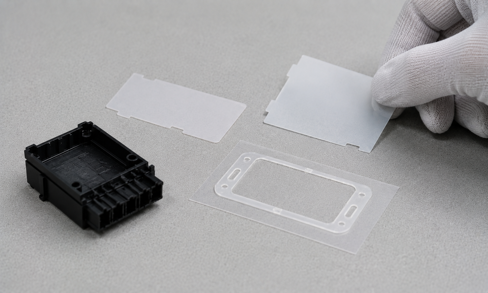 A realistic quality inspection scene showing only two custom die-cut milky-white PET insulation film parts and one adhesive-backed PET frame retained on a clear release liner beside a small unbranded plastic connector housing sample, naturally positioned on a clean light gray engineering work surface, one partial gloved hand gently checking edge coverage, realistic thin-film texture, soft diffused lighting and generous negative space, no exposed wires, batteries, complete devices, live electrical equipment, text, labels, logos, arrows, calipers, trays or excessive parts, 1600–1920 px wide, 100–200 KB