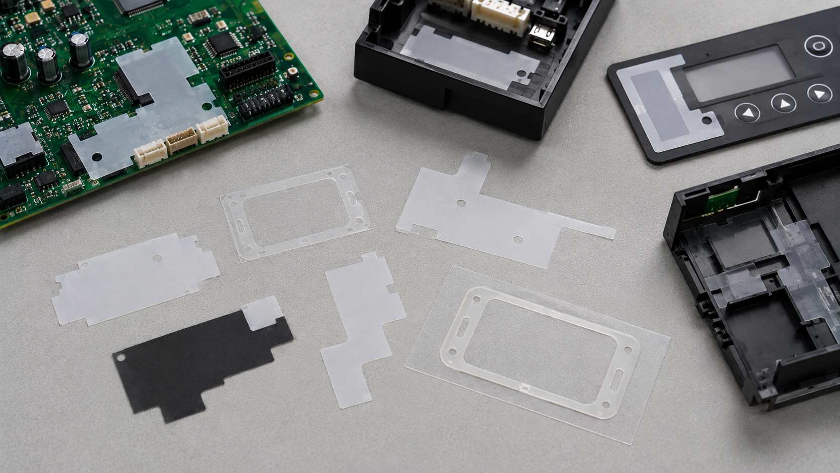 Realistic industrial electronics assembly scene showing a small selection of custom die-cut clear, milky white and black PET insulation film parts used around PCB areas, connectors, control panels and electronic housings. Include thin PET frames, insulating tabs and one adhesive-backed PET part retained on a release liner, naturally arranged on a clean light gray engineering work surface. Photorealistic industrial product photography, soft diffused lighting, subtle realistic shadows, visible thin-film texture, minimal composition, no product pile, no excessive tools, no text, no labels, no logos, no arrows, no watermark, landscape 16:9.
