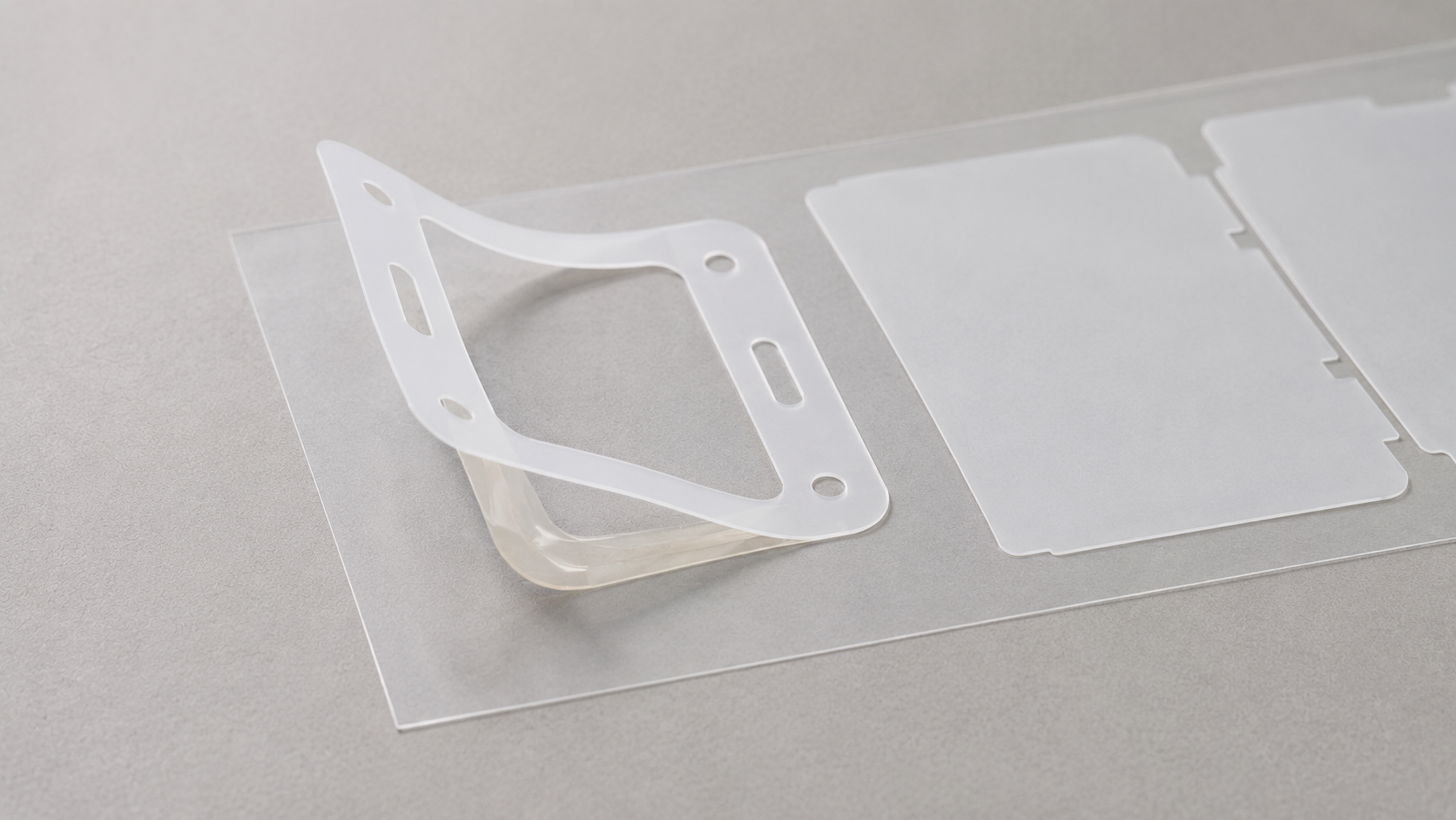Realistic close-up of an adhesive-backed PET insulation film structure for OEM electronics assembly, showing one thin PET insulation frame partially lifted from a clean release liner and several kiss-cut PET parts retained on the liner. Clearly show the PET layer, pressure-sensitive adhesive interface and liner-supported delivery format through natural material separation, without diagrams or labels. Clean light gray production-preparation surface, photorealistic industrial photography, soft diffused lighting, realistic thin-film texture, minimal composition, no hands, no excessive tools, no text, no logos, no arrows, no watermark, landscape 16:9.